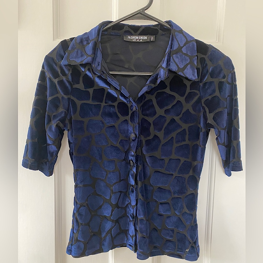 Sheer Blue and Black Women’s Button Top Shirt With Collar